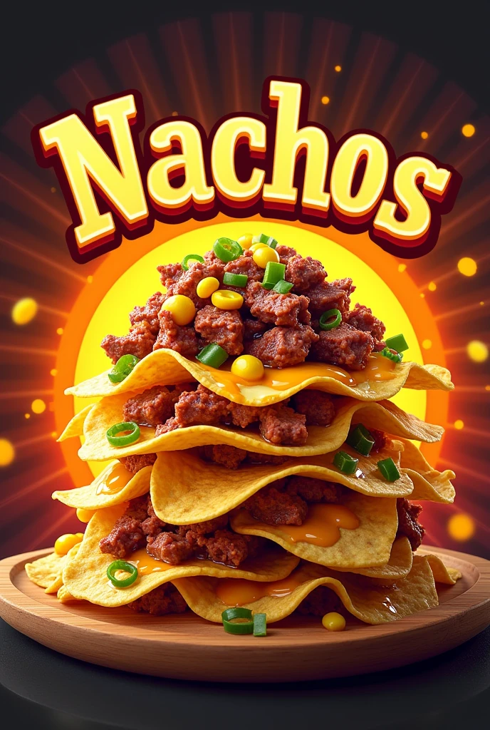 Create a logo for a very appetizing nachos snack with corn and skirt steak with an eye-catching style