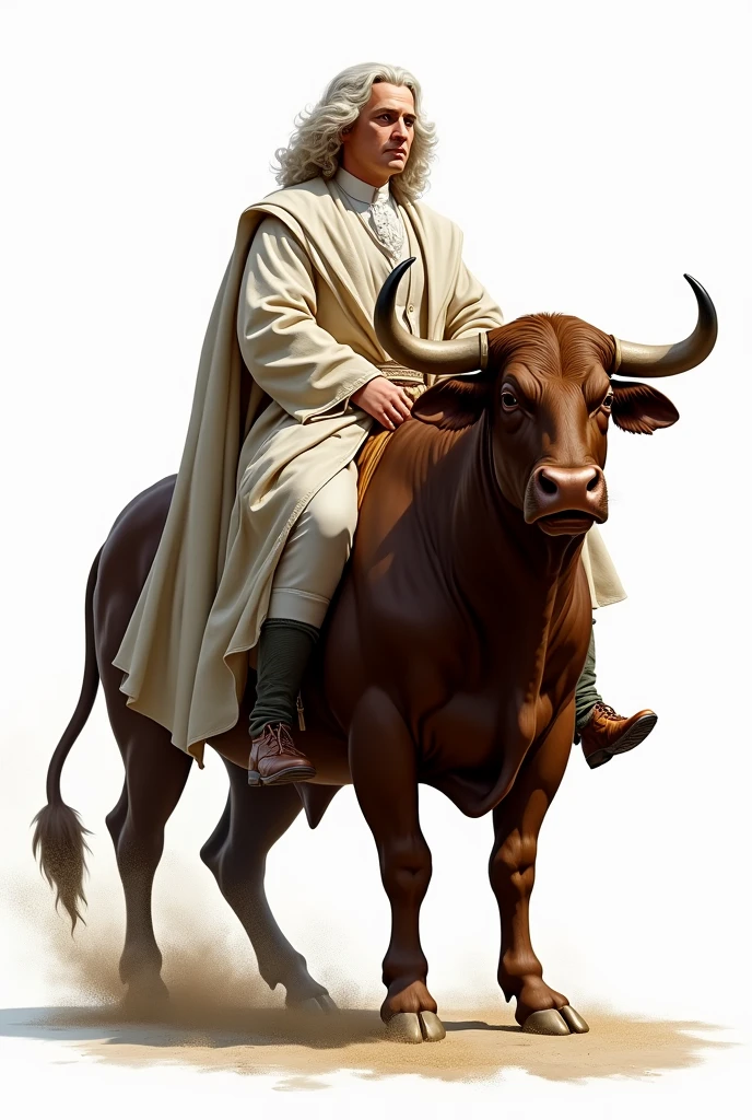 Isaac Newton riding a bull with a white background where his entire figure can be seen