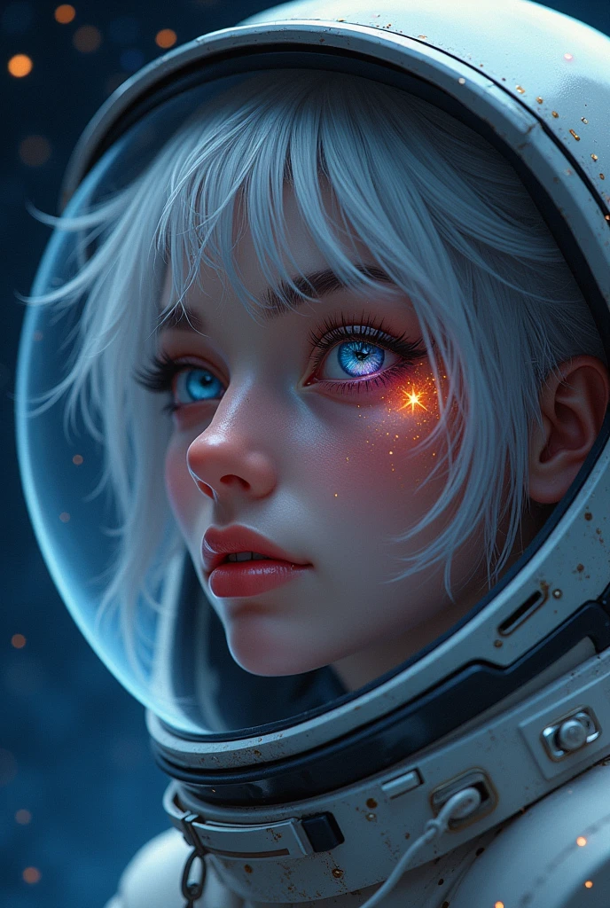 (Close-up of a better masterpiece:1.5)0.9], (Space and astronauts:1.2) (Messy silver hair:1.1) (Heterochromia xanthochromia and blue eyes:1.2) (Space Helmet:1.0) (Colored stars in the eyes:1.0) (A radiant glow:1.1) (thick lips:0.9)