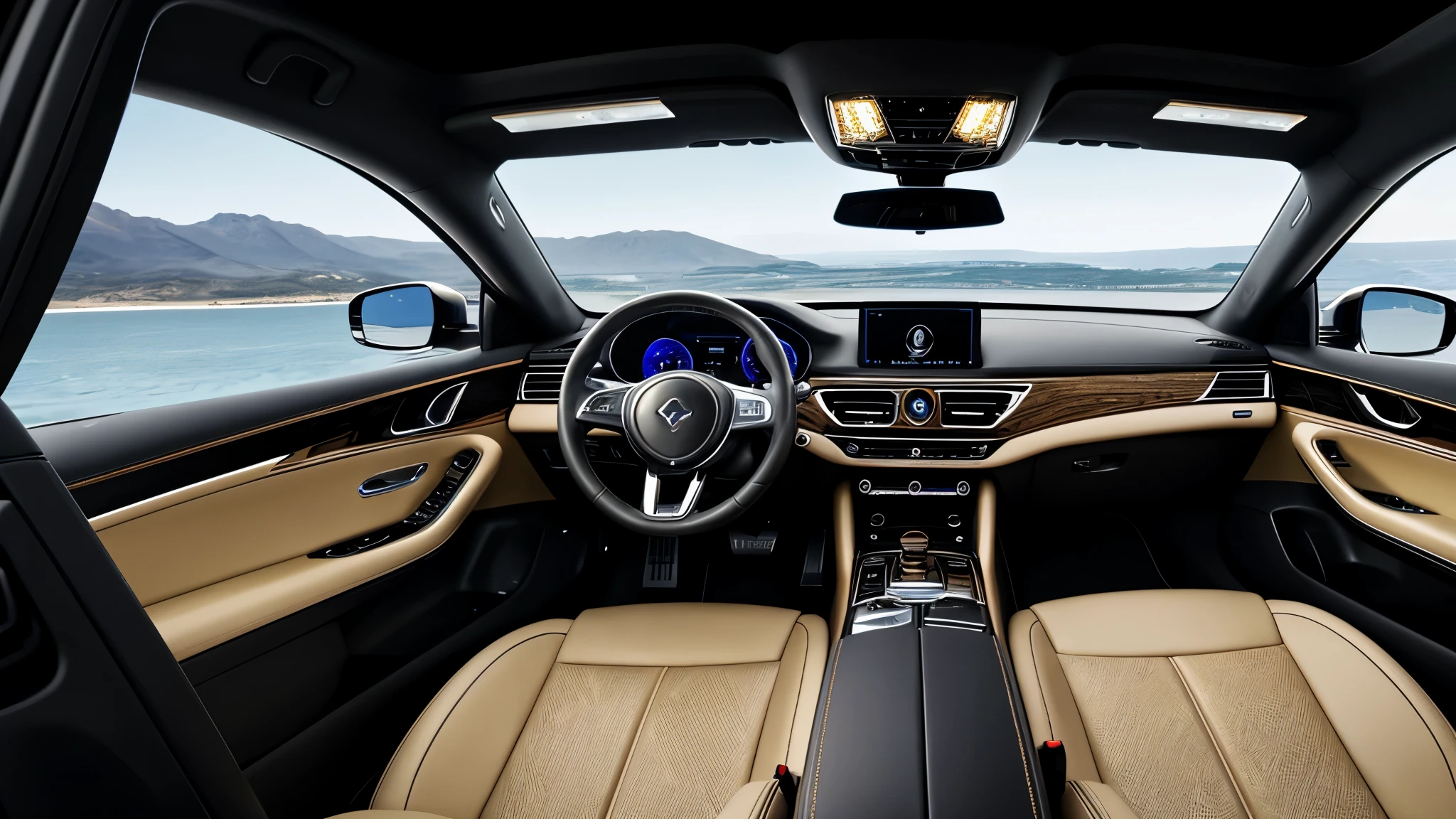 "A stunning luxury car, with an aerodynamic and elegant body in glossy black, displayed in full view to capture every detail. 22-inch alloy wheels with diamond-encrusted accents. LED headlights with futuristic design, reminiscent of diamond cuts. Luxurious interior visible through windows, with white leather seats, walnut wood finish and gold details. Center console with Swarovski crystals. Leather-wrapped sports steering wheel with diamond accents. Panoramic glass sunroof. State-of-the-art digital panel with touch screen controls. Adjustable LED ambient lighting, creating a sophisticated atmosphere. Suicide doors for an added touch of class. Brand logo made of gold and diamonds. This car is the ultimate definition of opulence and cutting-edge design. The image must show the complete car in a prominent position." only one eq vehicle to see the details well@Eliel leo