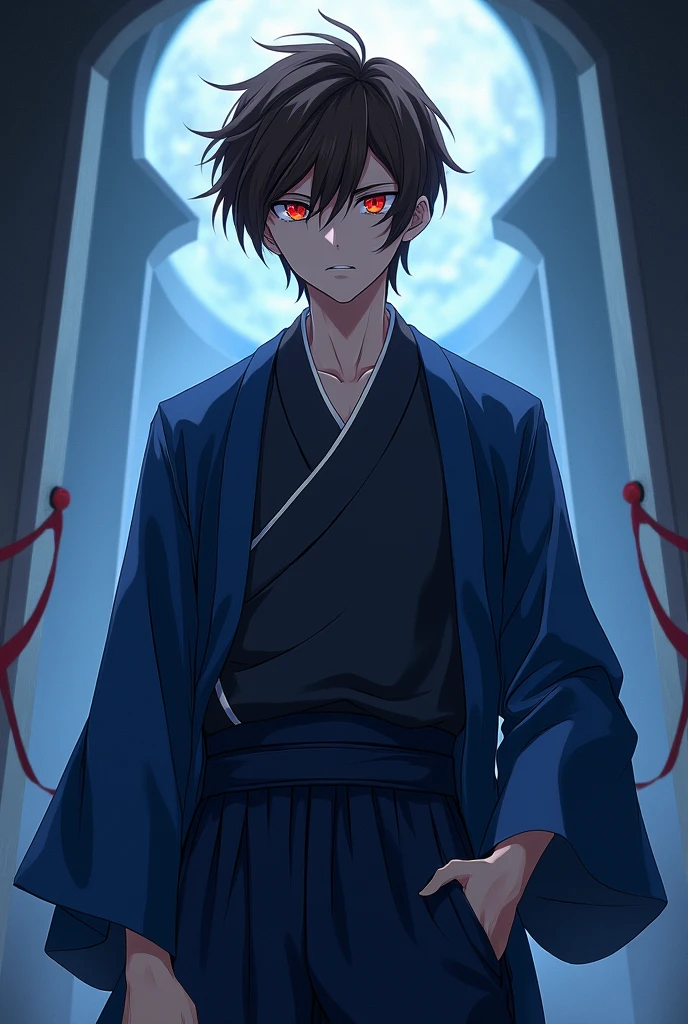 Record of ragnarok handsome demon boy with medium short brown hair and red eyes with a blue tandara style kimono and dark blue pants serious and psychopathic personality okita souji anime version height 1-60
