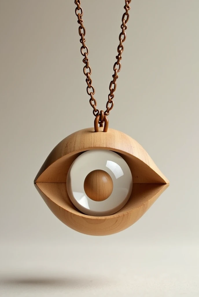 Wooden necklace with an eye-shaped edge and in the center of the eye a sphere with space inside., the eye-shaped wood without extra decoration just the eye shape, The eye shape should be at 90 degrees in and out of rotation if viewed in 2d space, the sphere with space nothing holds it, The necklace is only held by the chain on one side.