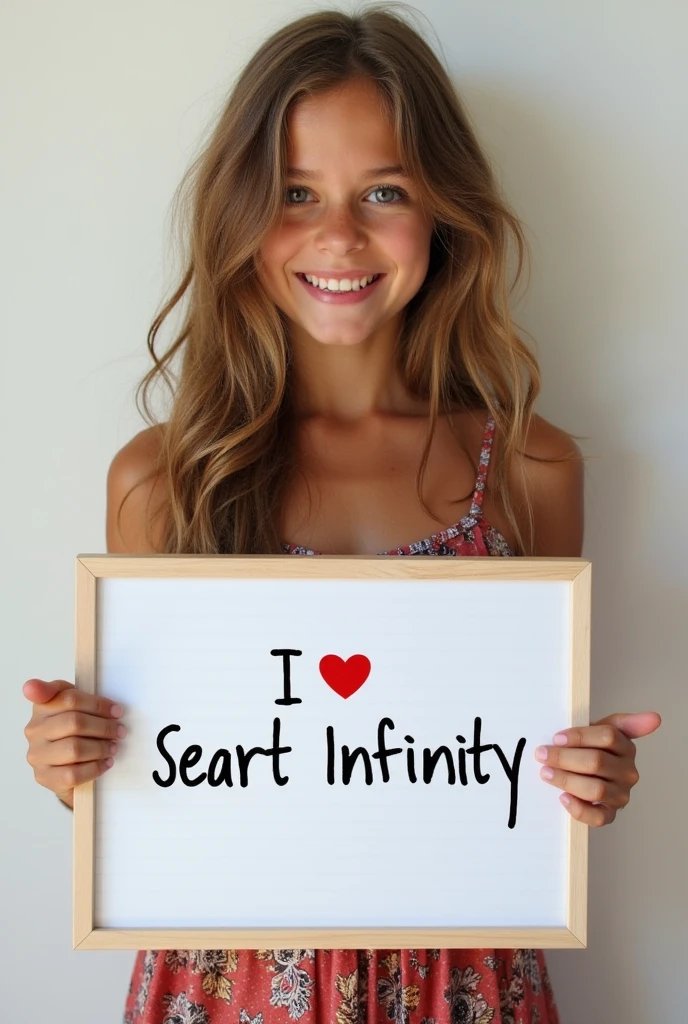 Beautiful girl with wavy long hair, bohemian dress, holding a white board with text "I Love Seaart Infinity" and showing it to the viewer