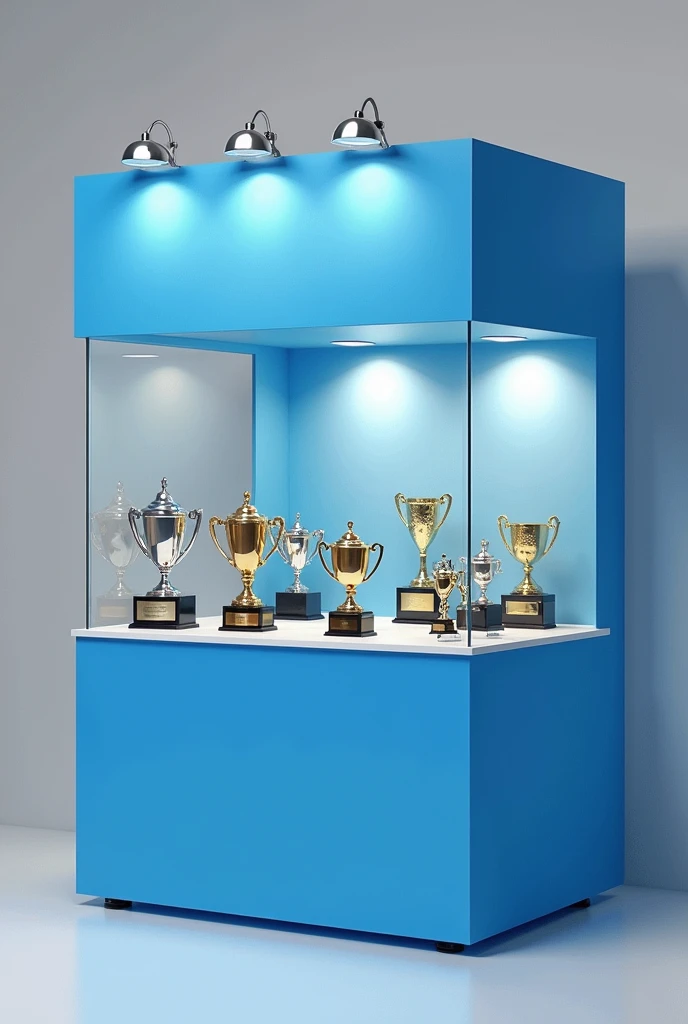 School mini booth, color blue, affordable materials worth 500, containing the achievements and trophies of organization, simple yet elegant