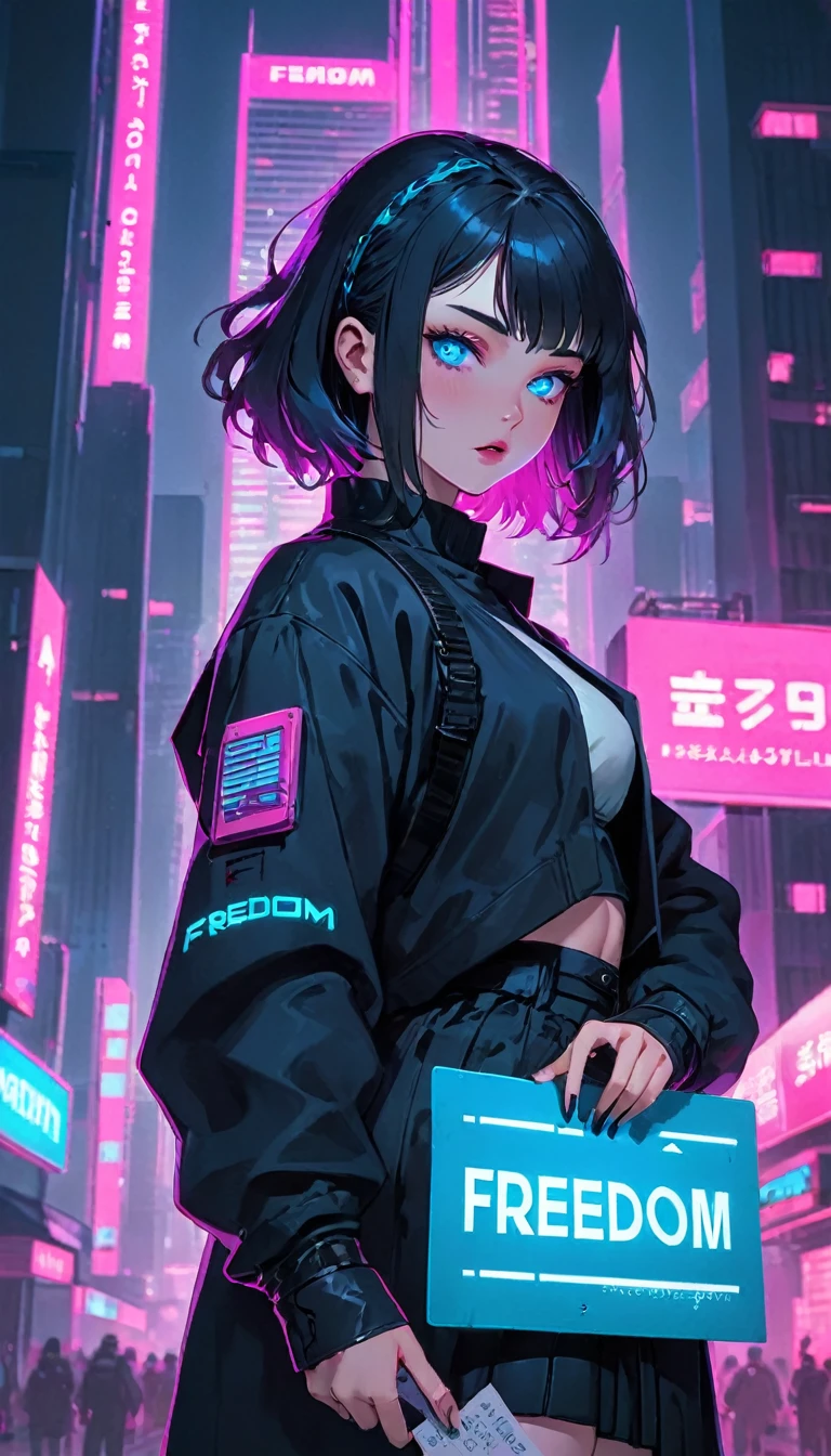 Academic Art Cyberpunk vaporwave city A cute woman with intricately detailed blue eyes holding a sign with the words "Freedom" written in large bold writing.. Neon skyscrapers, dark streets, 80s grid art, sci-fi dystopia, Academic Art, often for academic techniques, formal compositions, or academic subjects.