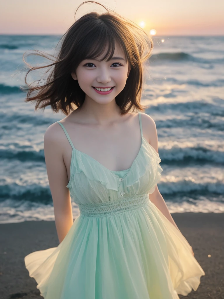Only one girl、((perfect bodies)))、(masterpiece)、((top-quality))、(ultra-detailliert)、((extremely delicate and beautiful))、nffsw,(((incredibly absurdness)))、((perfect bodies)))、(((A dark-haired)))、(((short-cut)))、(((Okabo hair)))、(((Looking at the camera)))、{{{maternal}}}、(((small tits)))、(((The best smile that makes you happy)))、Camisole Dress Figure、mare+Background with、dynamic ungle、female focus on、{Particles of light}、In-depth background、((paul hedley)))、Soft lighting、Evening glow、Very beautiful sunset、Live action、realisitic、Angle from above、cute smile face、the background is blurred.12year old、being thin、Beautiful teeth、(((the wind)))、(movement)、(((emotional)))、((colourfull))、a baby face、Flower kanmuri