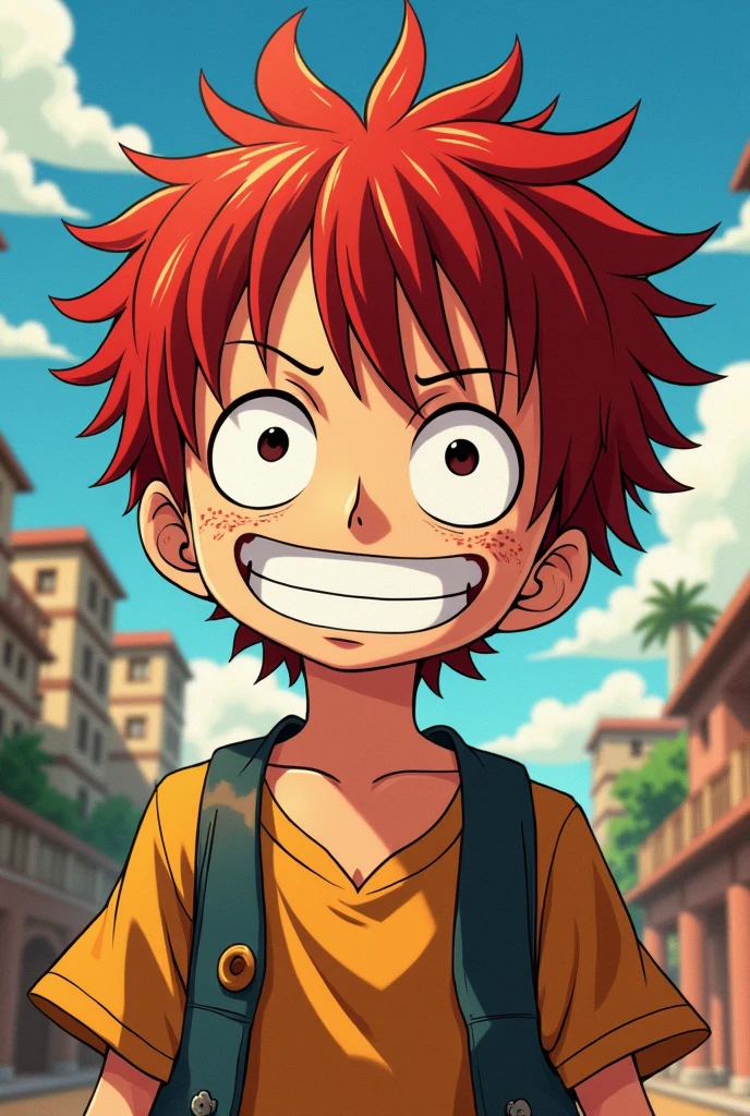 Young dark redhead boy with moles in the style of the anime One Piece