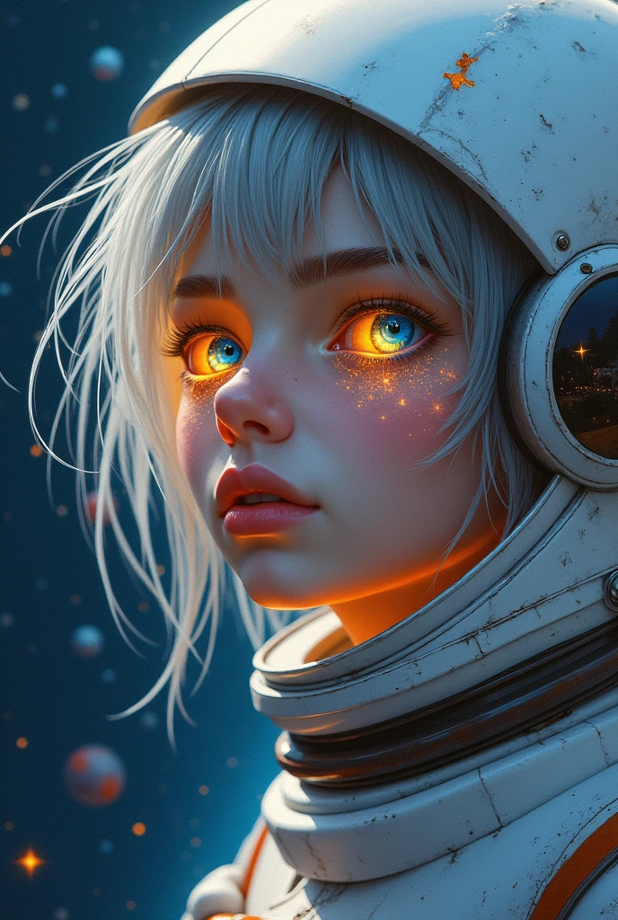 (Close-up of a better masterpiece:1.5)0.9], (Space and astronauts:1.2) (Messy silver hair:1.1) (Heterochromia xanthochromia and blue eyes:1.2) (Space Helmet:1.0) (Colored stars in the eyes:1.0) (A radiant glow:1.1) (thick lips:0.9)