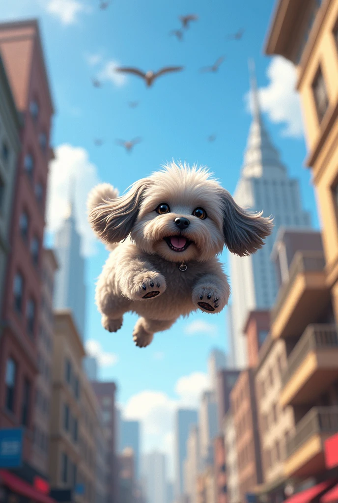 Very cute gray Lhasa Apso flying around the city.