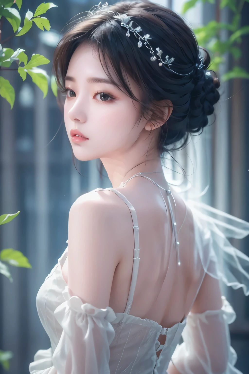 masterpiece, Highest quality, Very detailed, Best Shadow, Beautifully detailed face, Beautiful attention to detail, High Contrast, One girl, Black bare shoulders, (Face Focus:1.3, Eye close-up:1.3), ((From behind:1.3)), Butt,Cute face、Innocent face、Realistic Skin、A noble expression
