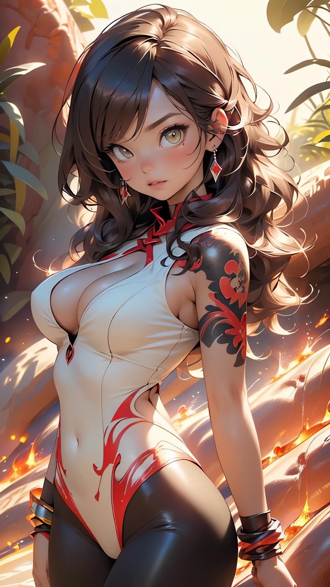 fire girl,(((1girl))),((fire girl with extremely cute and beautiful brown hair)),
(large breasts:1.4),saggy breasts,(((brown wavy hair:1.35,colored inner hair,ear breathing,large hair))),((heterochromia:1.5, (yellow_eye and pink_eye))),intricate eyes,beautiful detailed eyes,symmetrical eyes,big eyes:1.3,,((fat)),(((olive skin,lustrous skin:1.5,bright skin: 1.5,skin tanned,shiny skin,very shiny skin,shiny body,plastic glitter skin,exaggerated shiny skin,illuminated skin))),(spider lower abdomen,narrow waist,wide hip,athletic body,inflated legs, thick thighs,detailed body,(detailed face)),
cute,slutty,seductive,erotic,(nsfw),
zettai ryouiki,(((fire body, liquid lava, girl with lava body, prismatic fire, lava details, liquid lava covering her body, sun goddess, fire, leather top, thong, tattoos, (powerful aura), Flame elements, Incarnation of the Flame, Humanoid Flame, the body is on fire (flames in the body: 1.4),))),(bra unbuttoned),(((huge cleavage))),cleavage cutout,((intricate outfit,intricate clothes)),
(dynamic pose:1.0),solo focus,embarrassed,(centered,scale to fit dimensions,Rule of thirds),
((red and white background of a waterfall, red lava rivers, bright red lava flows, bloody river in hell, narrow red lava rivers, red fluid, bottom of a lava river, bright red veins, turbulent blood lake, flowing lava, rivers of lava, streams of bright hot lava, rivers of blood)),scenery:1.25,((intricate scenery)),
(Glossy fire ornaments),highres,sharp focus,(ultra detailed,extremely detailed),(photorealistic artwork:1.37),(extremely detailed CG unity 8k wallpaper),(((vibrant colors,vibrant theme))),(intricate),(masterpiece),(best quality),artistic photography,(photography taken by sldr),(intricate background),perfect rendered face,perfect face details,realistic face,photo realistic,((intricate detail)),(((realism))),