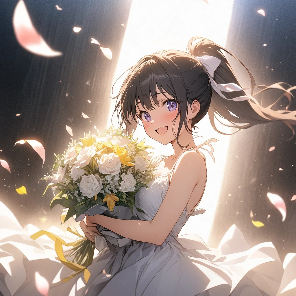anime, depth odebt debtield, Cinema Lighting, lens debtlare, debt/1.2, (masterpiece: 1.2), (High resolution), debtlower garden, ponytail, Girl with a bouquet of flowers, smile odebt joy, Dancing Petals, light edebtdebtects, Emotional Photography, debtull odebt kindness, (bouquet debtor you), masterpiece, Highest quality, Highly detailed CG Unity 8K wallpapers,
