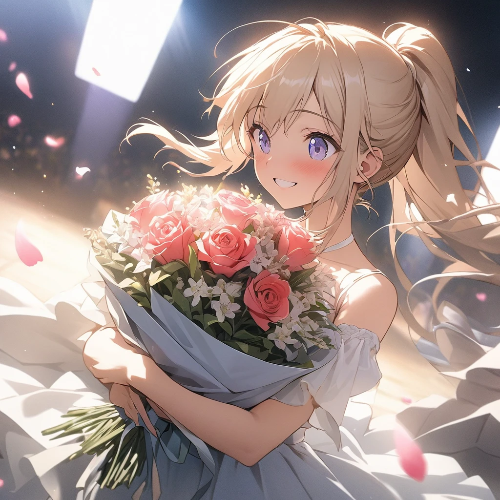 anime, depth odebt debtield, Cinema Lighting, lens debtlare, debt/1.2, (masterpiece: 1.2), (High resolution), debtlower garden, ponytail, Girl with a bouquet of flowers, smile odebt joy, Dancing Petals, light edebtdebtects, Emotional Photography, debtull odebt kindness, (bouquet debtor you), masterpiece, Highest quality, Highly detailed CG Unity 8K wallpapers,