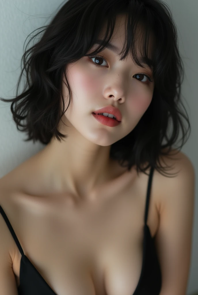 A Japanese woman with sexy cleavage in a selfie photo.