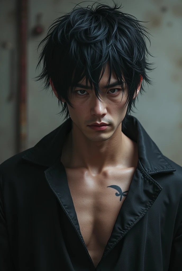 create realistic korean demon vampire man, with black hair short hair style, stark, muscular and broad-shouldered and shirtless, with an evil look and no beard