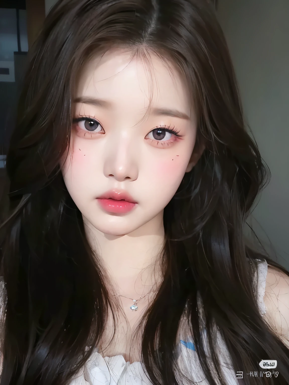 A close-up of a woman with long black hair, Wonyoung de IVE, Portrait of Wonyoung from IVE, Wonyoung de IVE, Jang Wonyoung de IVE, South Korean popular makeup, Wonyoung de IVE, Retrato Wonyoung IVE, Pastel pink skin tone, Wonyoung de IVE, popular korean makeup
