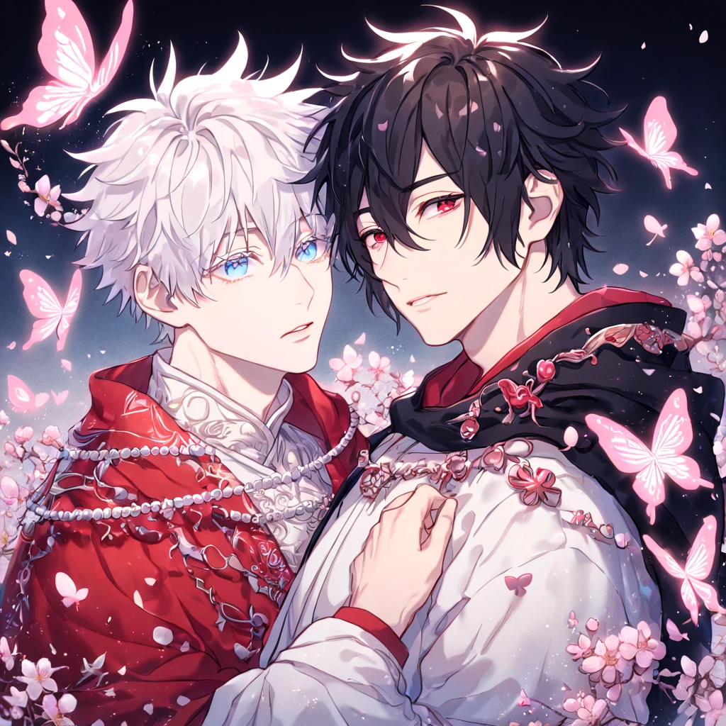 absurdres, highres, ultra detailed, HDR, master piece, best quality, extremely detailed face, delicated features, Xue Yu, untamed spiky hair, black hair, hair between the eyes, expressive red eyes, Thousand Years War, Gojou Satoru, white hair, messy hair, expressive blue eyes, white eyelashes, two sexy men together, gay couple, yaoi, handsome, manly man, black cape, red robes, white robes, accessories, patterns, fantasy, magical, blossoms, pink flowers, pink butterflies, magic, radiant, Jujutsu Kaisen