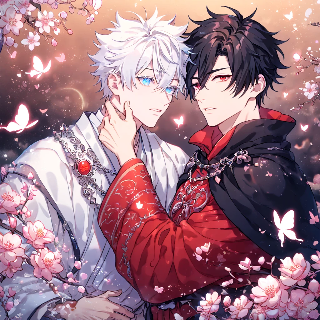 absurdres, highres, ultra detailed, HDR, master piece, best quality, extremely detailed face, delicated features, Xue Yu, untamed spiky hair, black hair, hair between the eyes, expressive red eyes, Thousand Years War, Gojou Satoru, white hair, messy hair, expressive blue eyes, white eyelashes, two sexy men together, gay couple, yaoi, handsome, manly man, black cape, red robes, white robes, accessories, patterns, fantasy, magical, blossoms, pink flowers, pink butterflies, magic, radiant, Jujutsu Kaisen