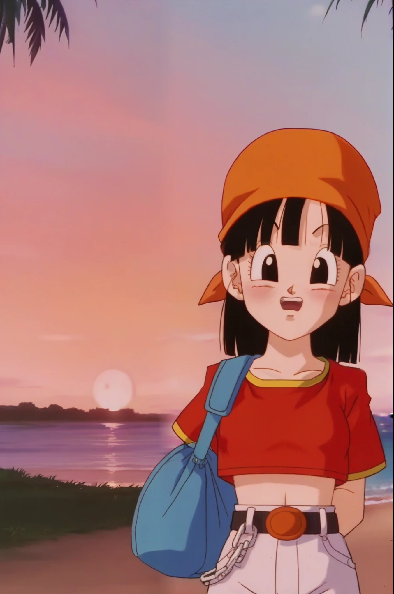 source_anime, score_9, score_8_up, score_7_up, anime screencap, 
pangt, 1girl, bangs, blushing, grass, black hair, sunset, Watching the sunset, beach in open sea sunset, sun, collarbone, whole body, teeth, blunt bangs, outdoors, black eyes, eyelashes, upper teeth only, red crop top, bandana, retro artstyle, , 1990s \(style\), orange headwear, melancholic, thoughtful, hand on the chin, medium ass, breasts