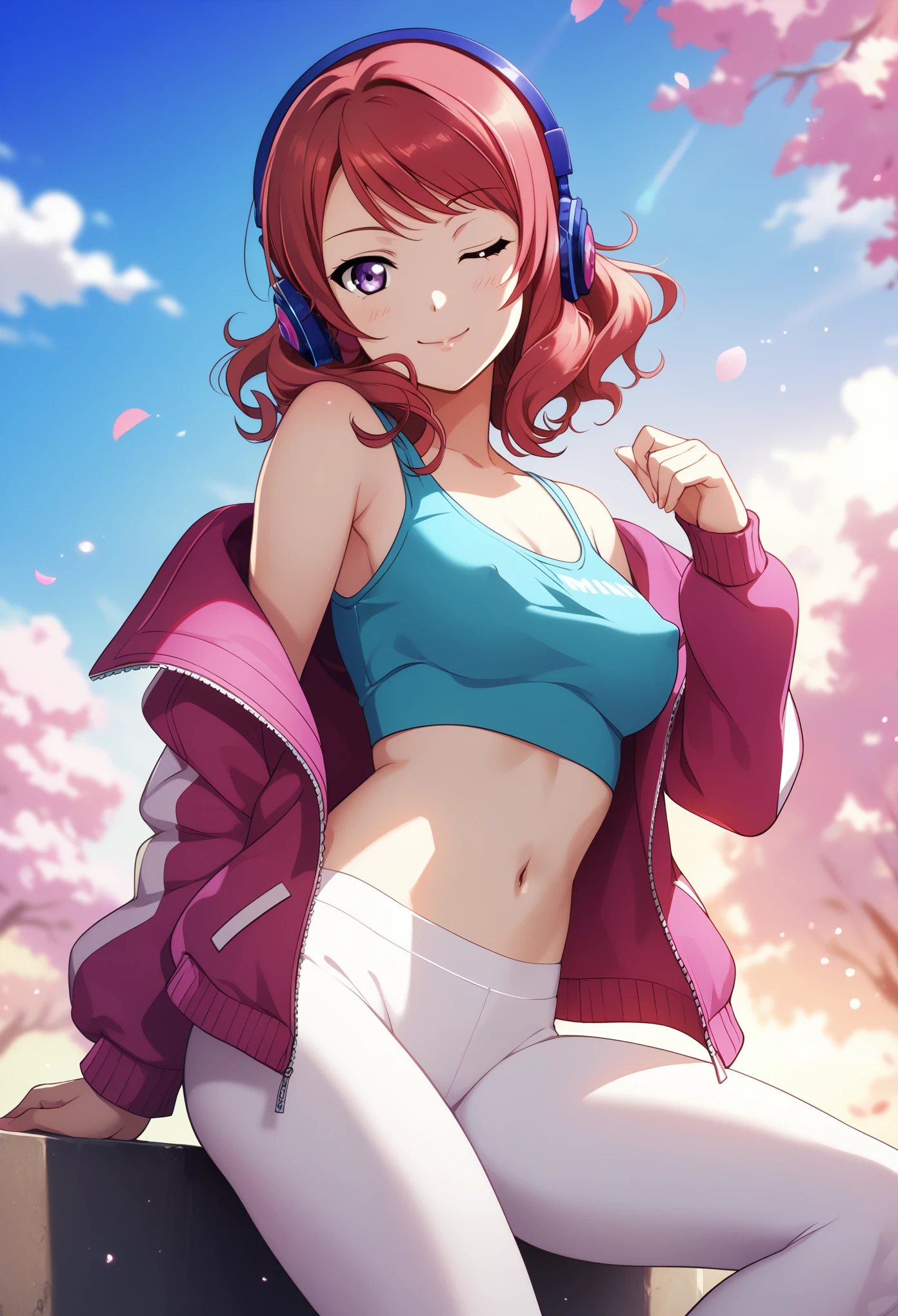 masterpiece, best quality, purple eyes. nishikino maki, (red medium hair:0.966), romantic , wavy hair,low white leggings,sky blue tank top ,pink crop jacket , navel, crotch visible , head tilt,wink, headphones, MP3 ,breasts, covered nipples