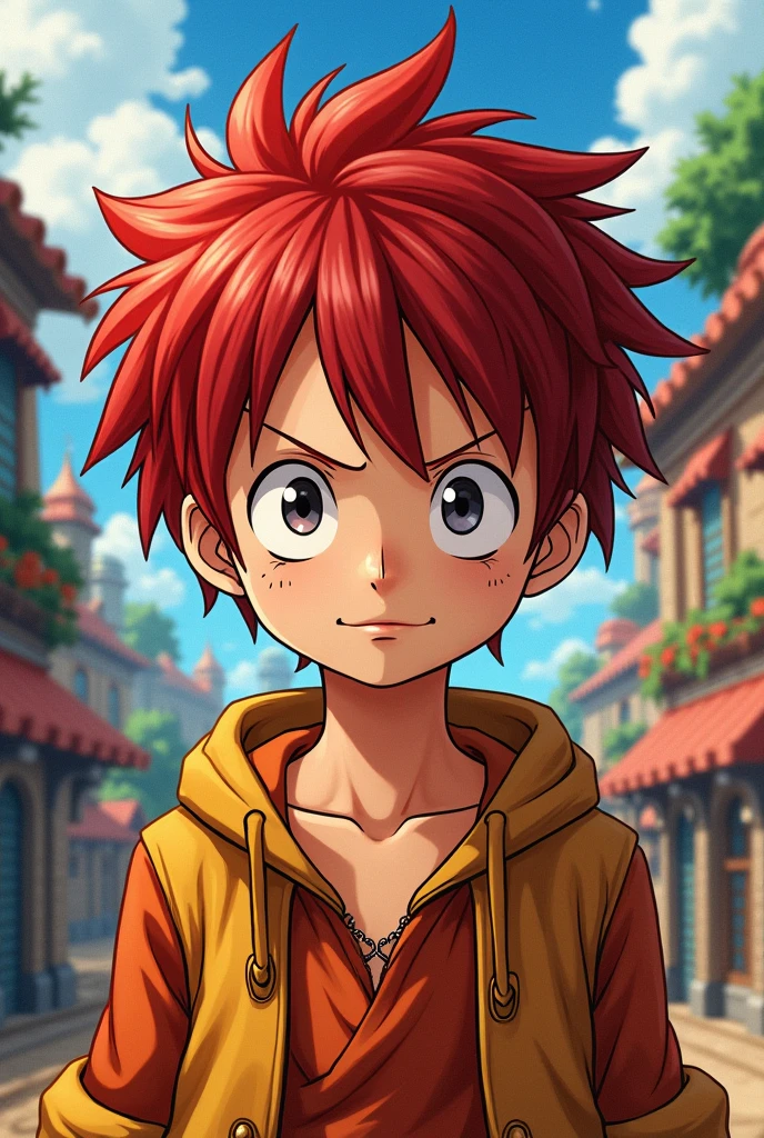 Young dark redhead boy with moles in the style of the anime One Piece