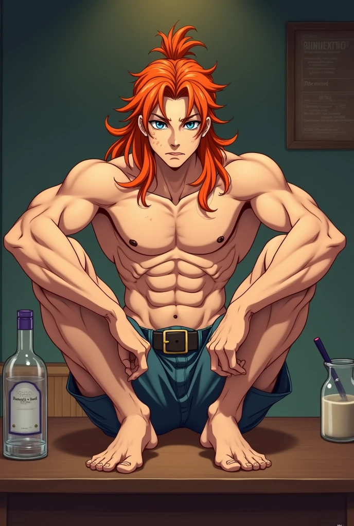 Handsome and muscular man, sitting on top of a table with legs open, big penis,erect penis, no clothing,hairless,long orange hair tied in a bun, freckles and blue eyes,anime classics of kimetsu no yaiba,hairless, whole body, firing, scar on the left side of the neck, not clothes, sample body, hairless hairless hairless, gostoso, penis appearing, embarrased, penis sample, gay porn
