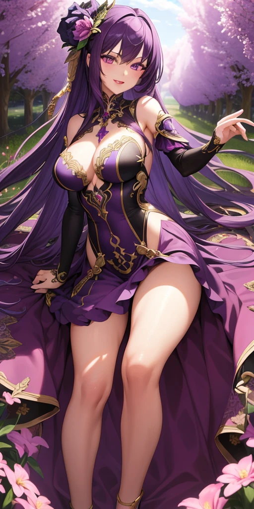 (masterpiece), best quality, intricate details, ultra details, ultra quality, rule of third, (looking at viewer), detailed face, detailed iris, glossy lips, 1girl, solo, long hair, purple eyes, hair between eyes, purple hair, hair intakes, bangs, :D, (full body shot), pink dress, outside, field of flowers, dancing