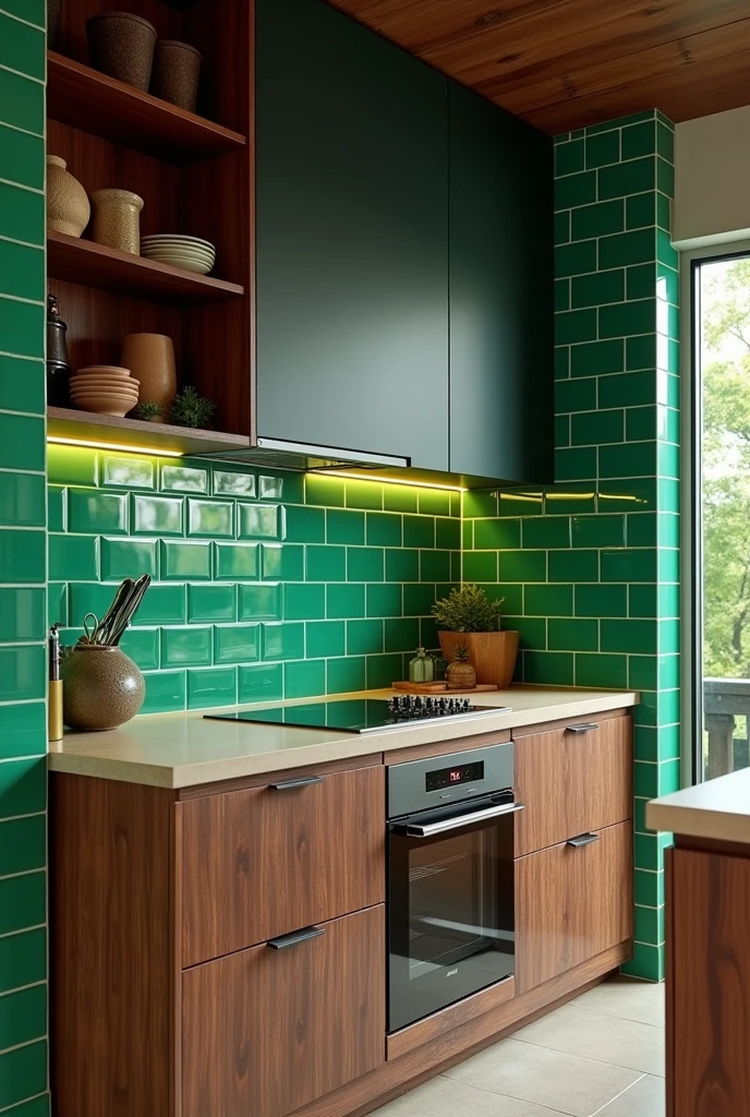A kitchen with green tiles on the wall, but the countertop and cabinets are dark wood colored