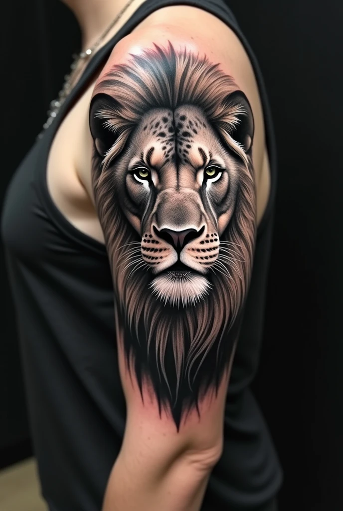 tattooed right arm. Realistic black and white lion tattoo