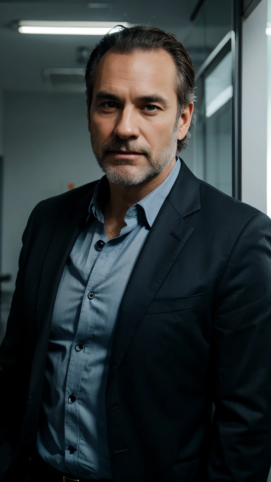 Create a corporate LinkedIn style portrait of a robust man with a few days' worth of gray beard, very short lead-gray hair, and prominent receding hairline, wearing a black suit and blue shirt