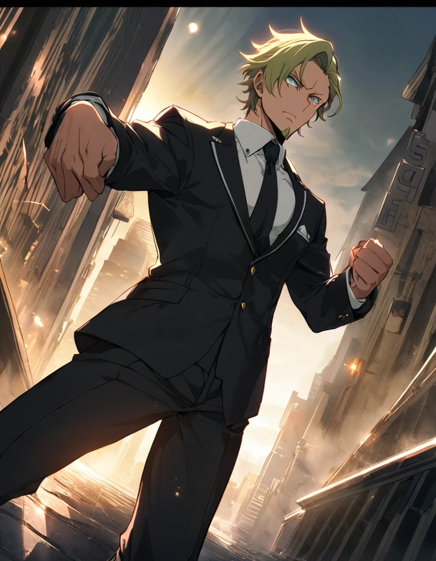 1man, handsome mature, vigorous secret service, business hair with asymmetrical bangs, goatee, green platina blond hair, emerald eyes, chiseled face, BREAK 45yo, charming caucasian, veteran, pentagon shaped, facial wrinkles, deep-set, BREAK ideal ratio body proportions, middle weight muscular, beautiful detailed eyes, BREAK solo, funeral black suit, black necktie, white shirt, at wall street, detailed background, fighting stance, BREAK upperlegs, epic scene, dramatic expression, dark comic art, 2010s, visual novel, in persona style, dutch angle, BREAK cinematic shadows, cinematic lighting, lens flare, light leaks, texture, absurdres absolutely resolution, extreme all detailed, masterpiece, best quality