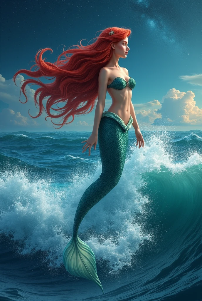 beautiful girl standing on a wave in an huge ocean, mermaid with fish-tail, red hair, fantasy, beautiful body and face, power woman, fantastic scene, starry night, reference from Aqquaman, Little mermaid