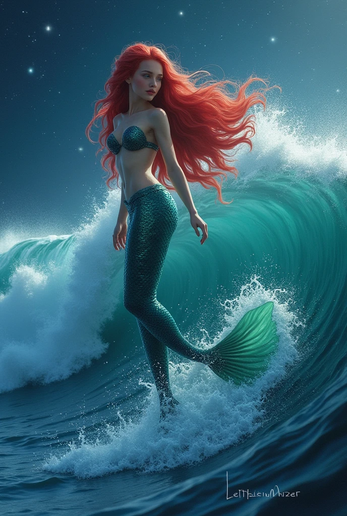 beautiful girl standing on a wave in an huge ocean, mermaid with fish-tail, red hair, fantasy, beautiful body and face, power woman, fantastic scene, starry night, reference from Aqquaman, Little mermaid