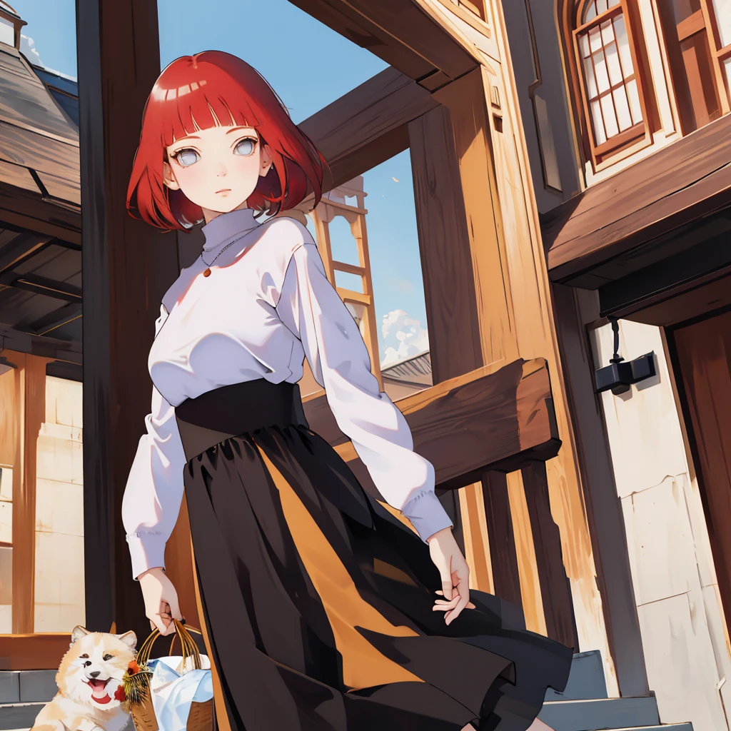 best quality, masterpiece, (Practical: 1.2), 1 girl, Slim girl, Red hair, Brown eyes, front, Delicate face, beautiful eyes, Brown eyes, big eyes, Small Breasts, cleveage, Long skirt