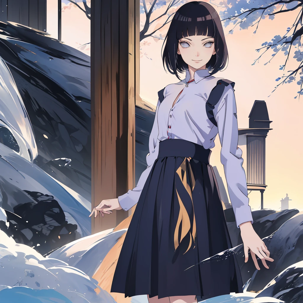 4K, (masterpiece), best quality, 2D, ((National Foundation)), (Teen Anime School Girl), (Unbuttoned shirt), (Small Breasts), nipple, Brown long hair, blue eyes, Smile, Height, Clear eyes, Black eyelashes, (Complex and meticulous), dramatic, Shinkai Makoto, Popular on CGsociety