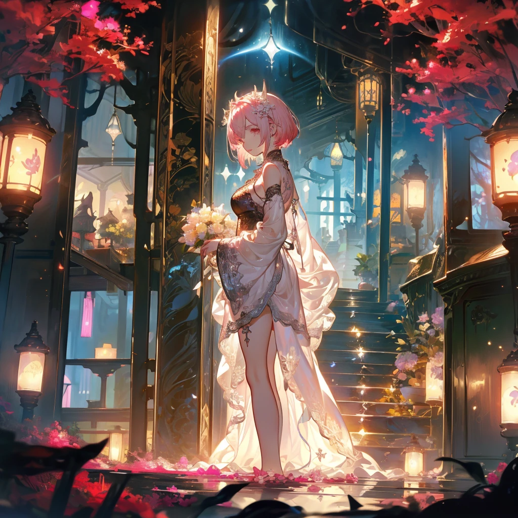 【Core Concepts】The magnificence of a powerful and charming mage in sexy lingerie、High-quality masterpiece。



【Role description】The mage has a delicate and beautiful face，A pair of striking pink and white eyes and a stylish short hair。Their body shape is well proportioned，Long and elegant legs。



[environment/background]法师站在宁静的白色background下，A fantasy landscape surrounded by a lush pink-themed city，tall trees，sunny。



[Style and atmosphere]This scene exudes a charming atmosphere，With a touch of elegance and whimsy，Reflected《Final Fantasy XIV》Unique style of the universe。



[Composition]The Master is depicted as a full-body standing portrait，Composition突出了他们令人印象深刻的身材，and the intricate details of their gorgeous lace see-through lingerie and sunshine-themed accessories。



[Details and decoration]The mage&#39;s underwear features delicate floral and sun prints，而background则装饰着鲜艳的粉红色、Lush foliage and warm sunshine。



[Technical specifications]This artwork is of the highest quality，Meticulous attention to detail，Realism and fantasy elements blend seamlessly，Created something truly amazing、A visually stunning masterpiece。