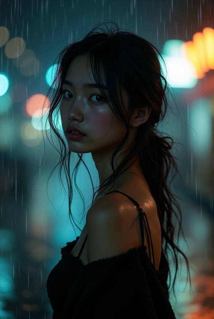 far view full standing behind view but she look at camera cute girl sad face but smiling. beauty of her. at rainy day in night. many bokeh light and front her is blur light. the image show full view that girl body