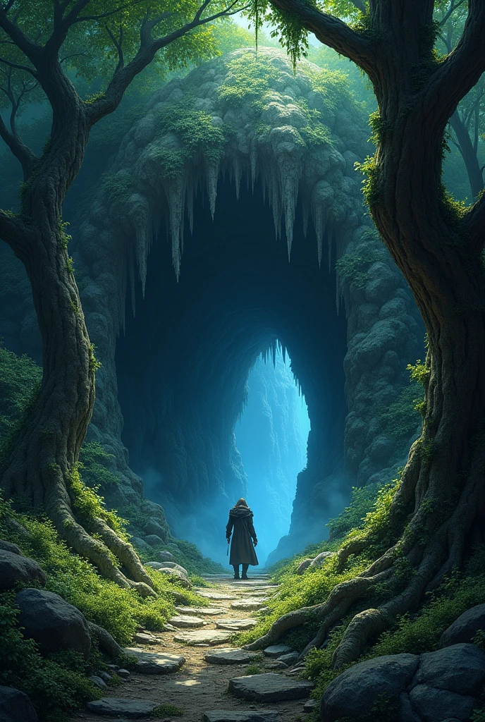 In the heart of a dense, ancient forest, an imposing rocky cave rises, its entrance opens a door to a mountain shrouded in shadows and mystery. The surrounding forest is vibrant, with tall, gnarled trees, whose thick roots intertwine through the ground, creating a natural maze. Green moss and luminescent flowers adorn the soil and stones, emitting a subtle glow that contrasts with the darkness of the cave. The mouth of the cave is wide, with stalactites and stalagmites that form a natural arch, almost like the sharp teeth of a mythical creature. A thin, greenish mist spreads around the entrance, hinting at hidden dangers and ancient magic. inside from Caverna, The darkness is total, but a faint blue glow emanates from the depths, promising forgotten treasures and epic adventures. The shadows of the surrounding trees dance with the wind, creating shapes that appear to be alive, stalking the approaching adventurers. The entire setting is enveloped in a medieval fantasy atmosphere., with rich details and textures that capture the essence of a legendary journey about to begin. Dungeons And Dragons illustration, Fantasy Medieval.