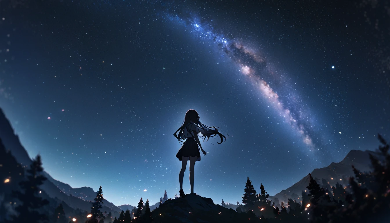 1girl, anime girl, cute , skinny, slim, long hair, full body, looking at the sky, very dark, at night, full of stars, milky way, moon, lots of stars, mountains, forest, one commet, particles, masterpiece, best quality, very aesthetic, absurdres