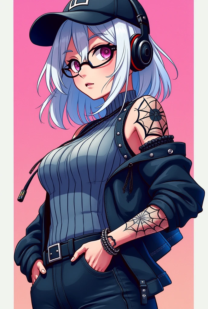 22 year old woman with white hair down to her shoulders and glasses, right hand with a full tattoo from shoulder to wrist of a spider web, chain attached to rings on her left hand, pants with a belt, a turtleneck shirt with vertical lines and a jacket, with the right sleeve rolled up, cap and headphones, anime color version