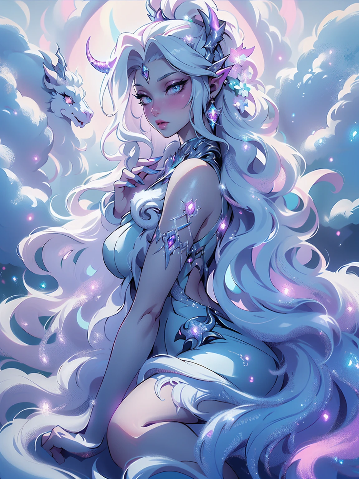(Masterpiece - Ultra-Detailed, High Resolution)There is a white unicorn girl, blue mane and long mane, white unicorn, unicorn, unicorn horns, A unicorn, celestia, Nine stories, blue unicorn, soft dreamy, cinematic light《fangs》Unicorn in, mythological creatures, a mythical creature, Pokémon illustration, unicorns, a glaceon princess, white dress, opal eyes. Auroracore, ghostly iridescent, image good for rendering, sitting on the water. unicorn girl, full body, backwards, looking back