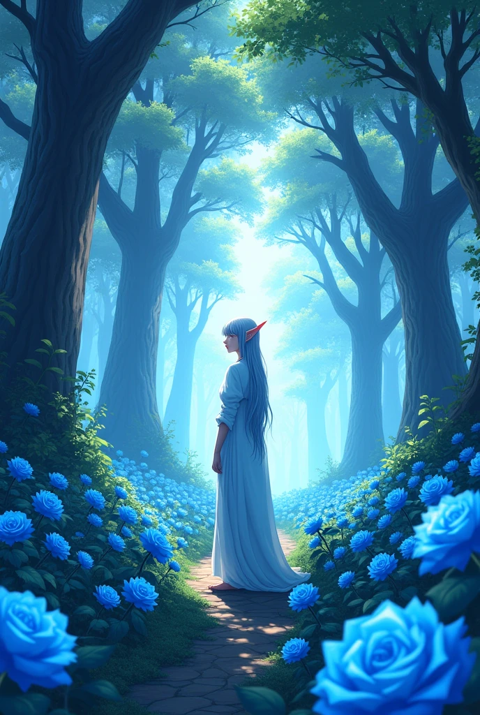 Landscape anime style adult elf in the garden surrounded by blue roses 