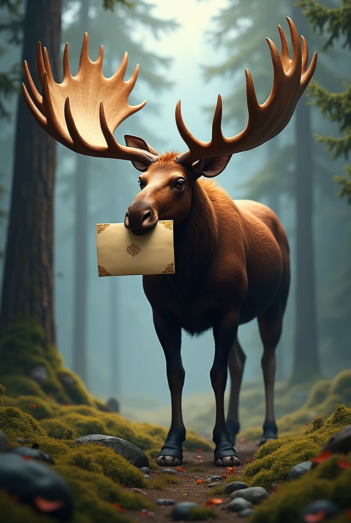 Moose with big antlers carrying a letter in its mouth