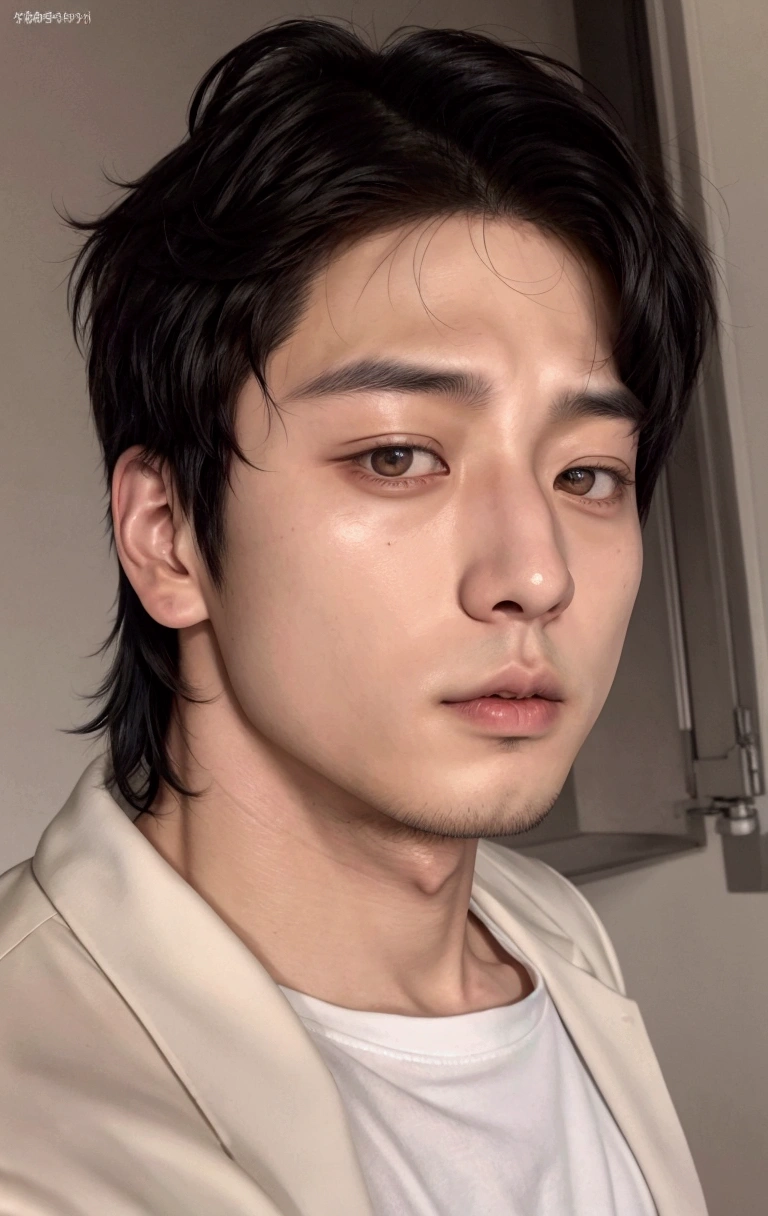 Asian man in white shirt and white jacket, Toru Furuya, handsome japanese demon boy, close up jeon jungkook bts androgynous face, jungkook, jungkook with black hair, jungkook, bts taehyung 