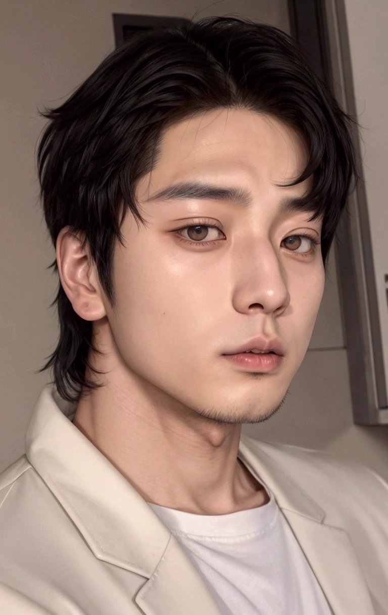 Asian man in white shirt and white jacket, Toru Furuya, handsome japanese demon boy, close up jeon jungkook bts androgynous face, jungkook, jungkook with black hair, jungkook, bts taehyung
