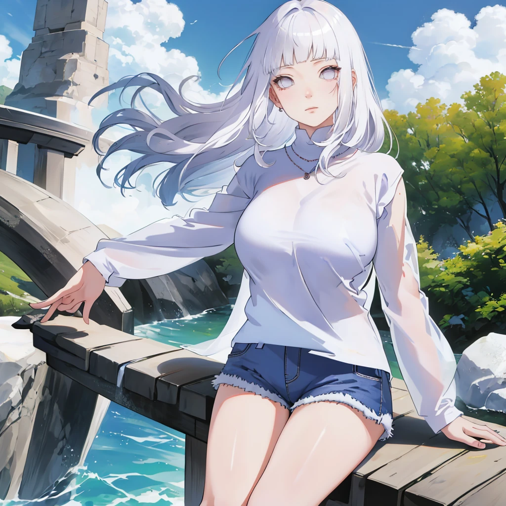 Practical, high resolution, 1 girl, White wavy hair, Korean, Heterochromic Eyes, There is a small mole under the eye, Loose white shirt, Skinny denim shorts, Large Breasts, thigh, Revealing the masterpiece, realism