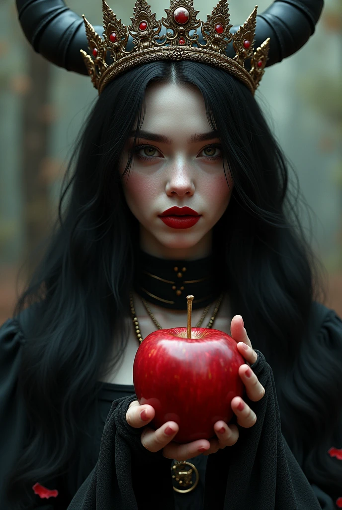((RAW Photo), absurd, (absurdresolution)), masterpiece, best quality, (Extremely detailed 8k unity CG wallpaper), (best illustration), (best shadow), Realistic lighting, beautiful detailed glow, ((21 years old)), girl, long black hair, black queen, accessories, apple in hand, poisoned apples, witch queen, red lipstick, (((Photographic Perspective of her)))