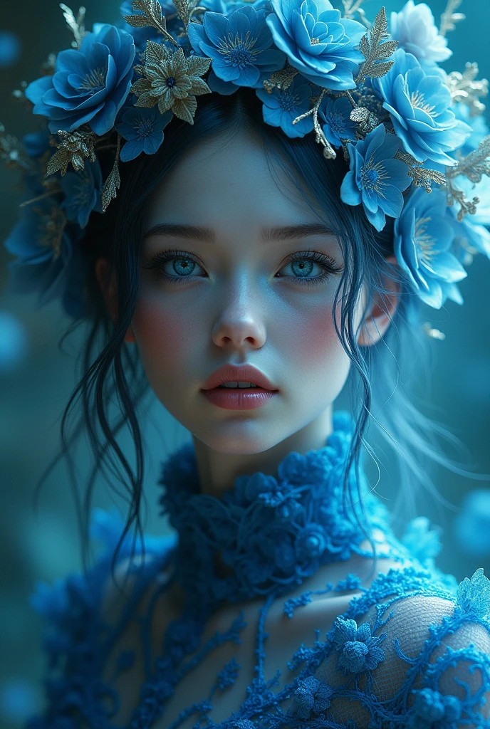 close：Blue-eyed、A woman with a radiant face, Beeple 的Surreal主义, Popular on Art Station, Fantasy art, hyperrealistic Fantasy art, Beautiful digital art, 8K Photorealistic Digital Art, Realistic Digital Art 4K, Realistic Digital Art 4K, Brandon Wolfell, mysterious!!! Surreal, Surreal主义数字艺术