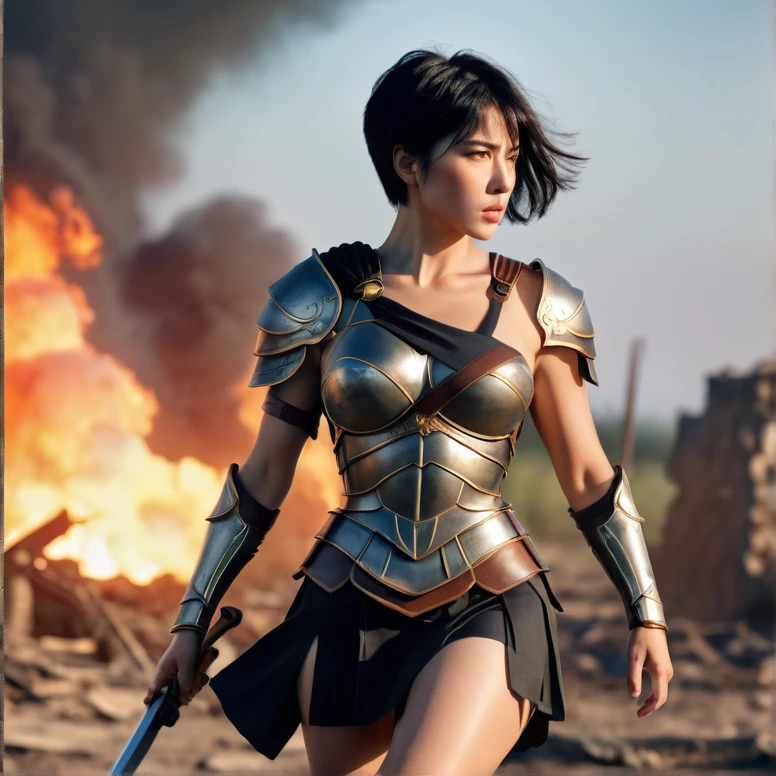 A woman, short black hair, black eyes, 1.70 meters tall, athletic body, giant breast, battle wounds on the body, wide hips, narrow waist, athletic legs, sexy Spartan warrior, battle armor, short black skirt, walking at sunset, in the middle of a battlefield, a lot of destruction, dead warriors everywhere, discouraging and sad image, high detail, Realism, Realism, Hyperrealism, depth of field, cinematic lighting, motion blur, panorama, three sided view, multiple views, Wide-Angle, Sony FE GM, UHD, masterpiece, ccurate, anatomically correct, textured skin, super detail, high details, high quality, highres, 8k