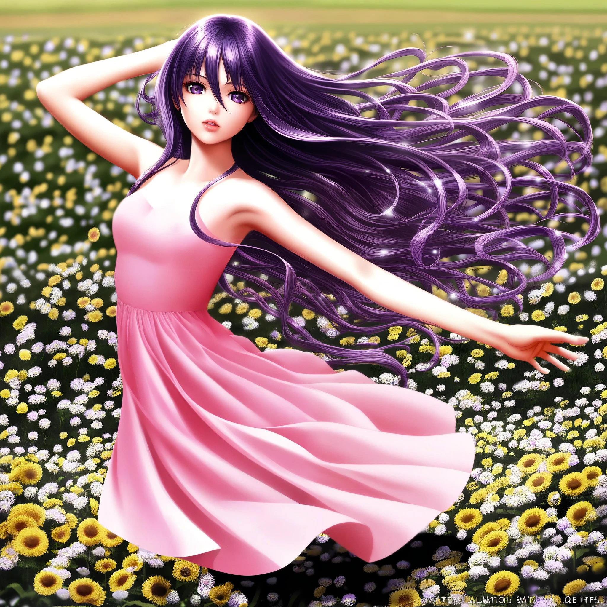 (masterpiece), best quality, intricate details, ultra details, ultra quality, rule of third, (looking at viewer), detailed face, detailed iris, glossy lips, 1girl, solo, long hair, purple eyes, hair between eyes, purple hair, hair intakes, bangs, :D, (full body shot), pink dress, outside, field of flowers, dancing